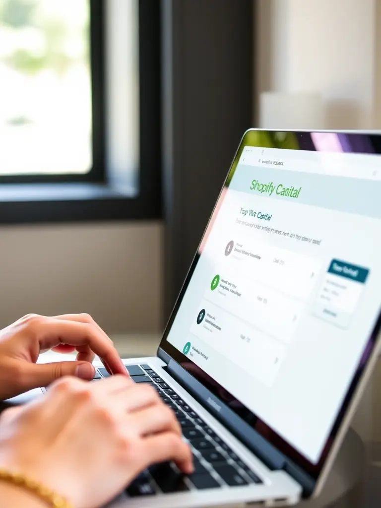 An image showcasing the Shopify Capital interface, highlighting the ease of applying for and receiving business funding.