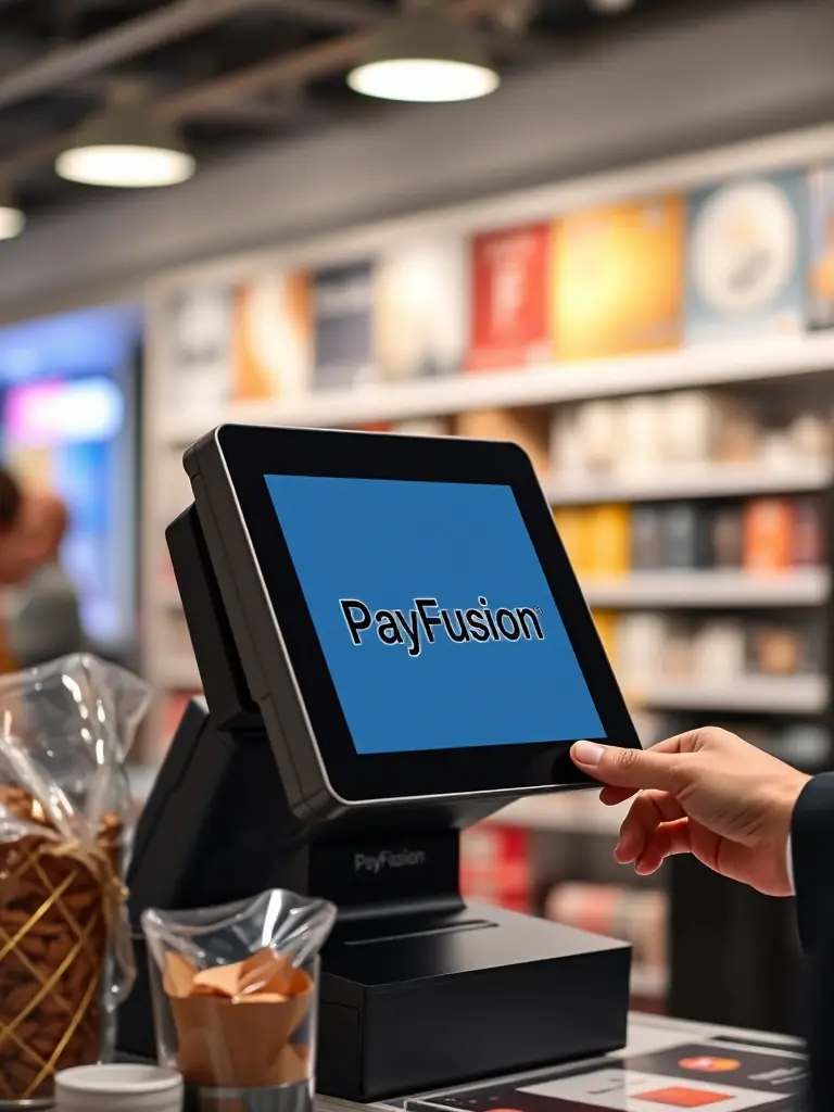 A close-up shot of a Shopify POS terminal in a modern retail setting, displaying a successful transaction screen with various payment options visible.