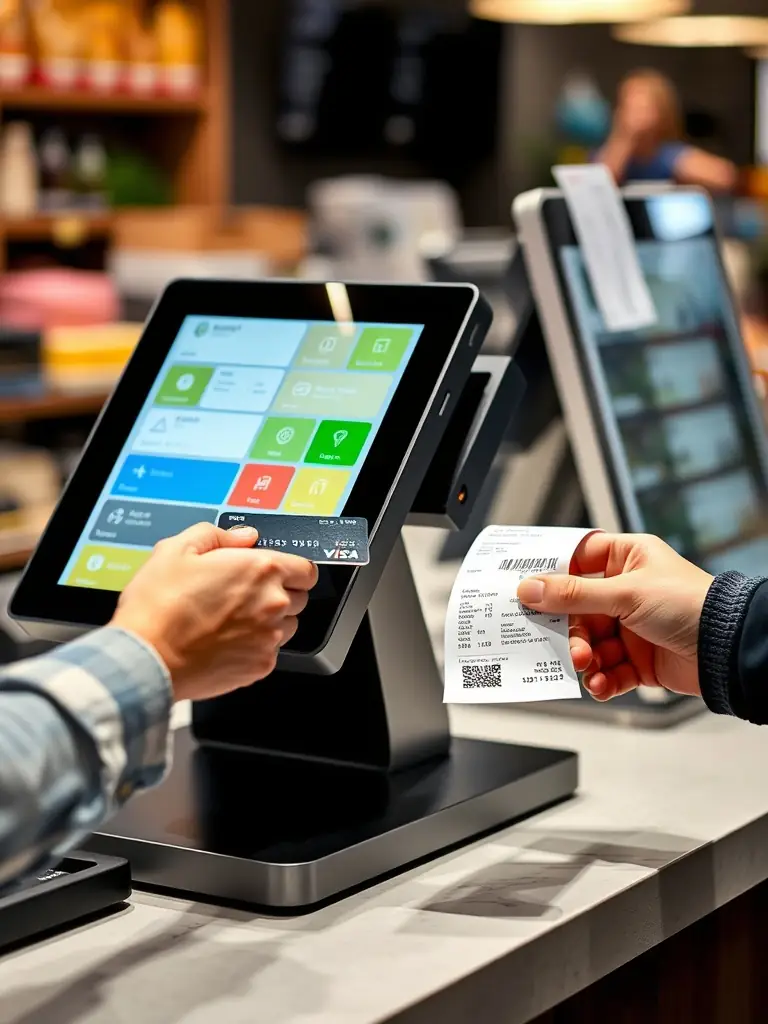 A photo of a modern POS terminal integrated with a Squarespace e-commerce platform, demonstrating the seamless connection between online and offline sales channels.