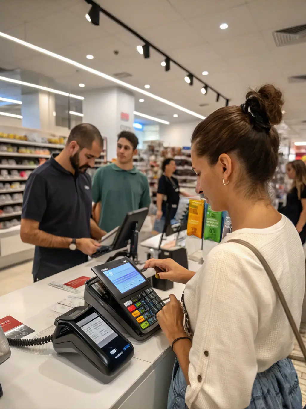 A modern Shopify POS system in action at a retail store, showing a customer making a purchase with a card.